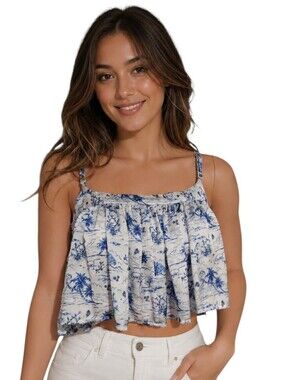 KOCH Blue & White Toile Print Flowy Swing Cami Top XS Made in USA